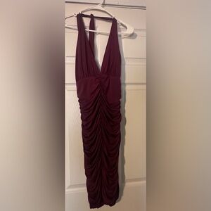 Venus Size Medium Lined Purple Satin Halter Dress with Ruching Above Knee Length